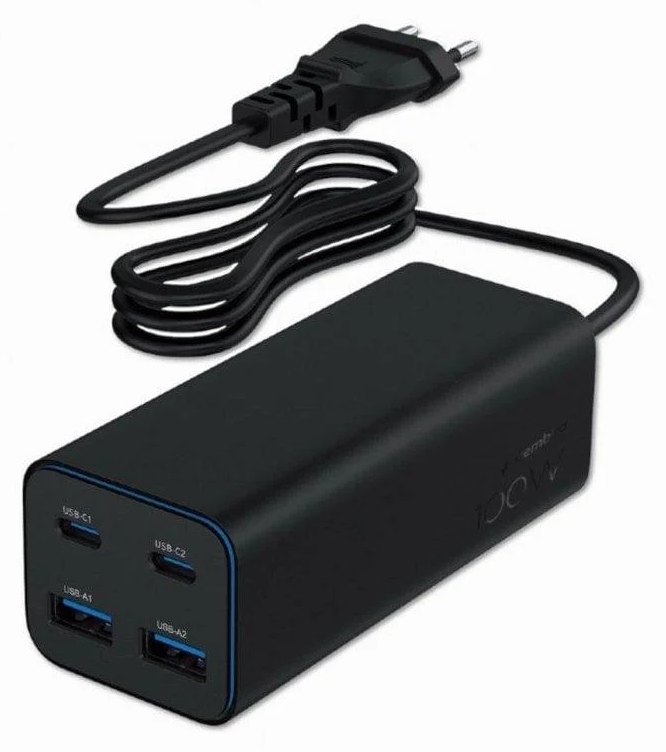 Gembird TA-UC-2A2C-PD100-01-BK Chargeur Rapide GaN 100W 4 Ports USB-C et USB-A