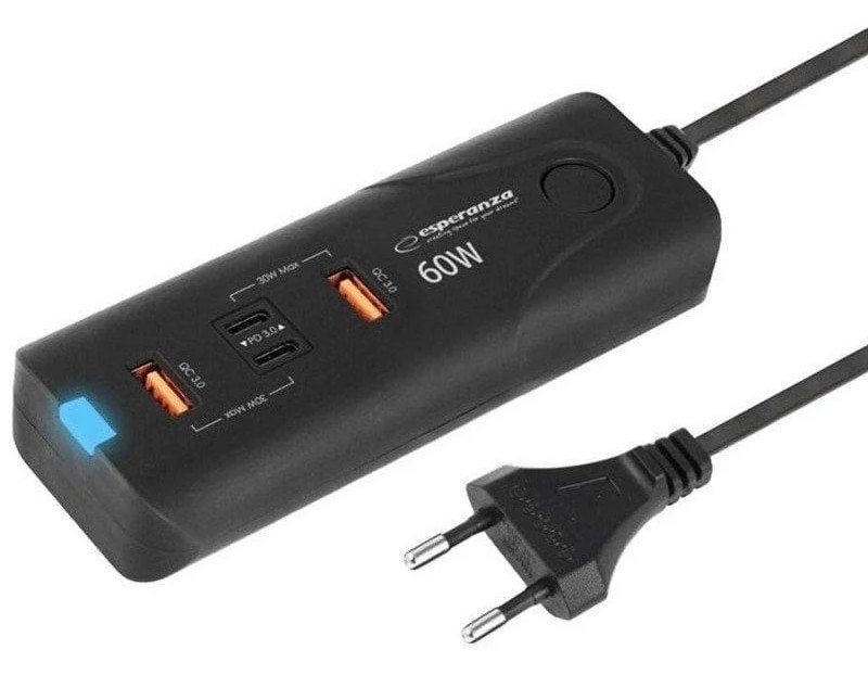 Esperanza EZC109 Chargeur 60W Charge Rapide 3.0 2XUSB-C + 2XUSB-A Noir