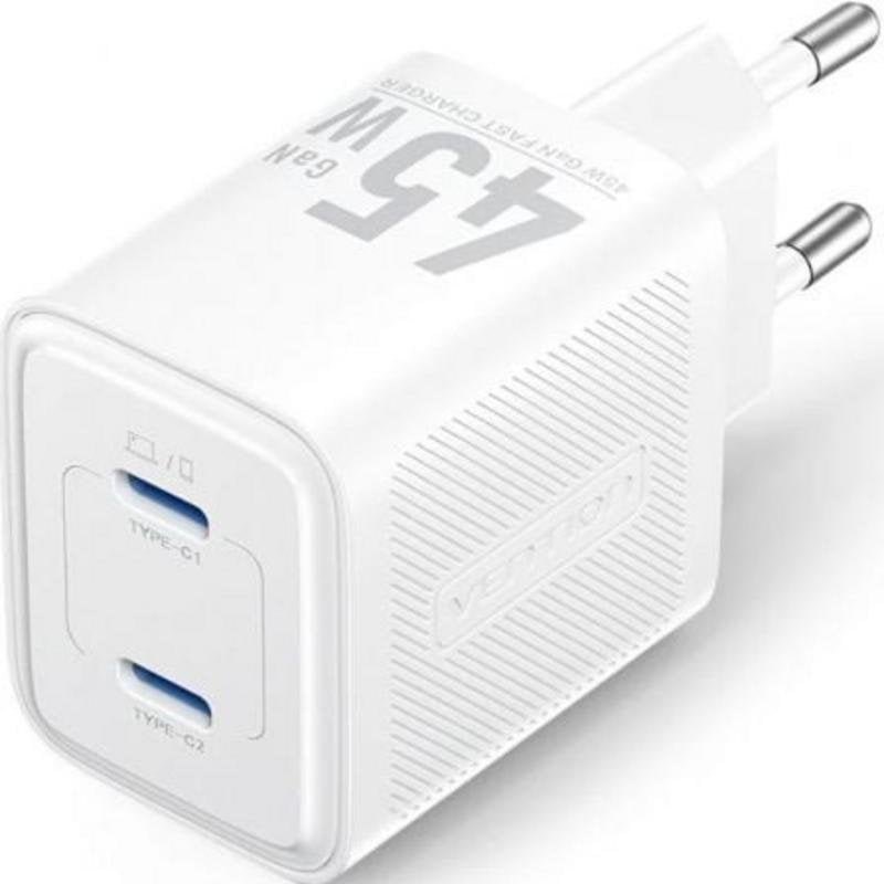 Chargeur secteur GaN Vention FEFW0-EU 2XUSB Type-C 45W blanc