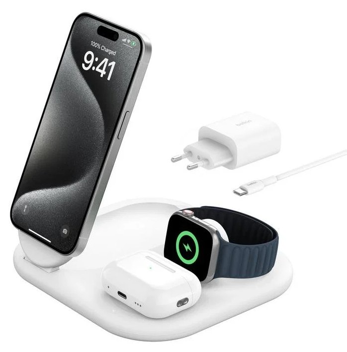Chargeur Belkin BoostCharge 3-en-1 QI2 Wireless 15W Pliable Blanc