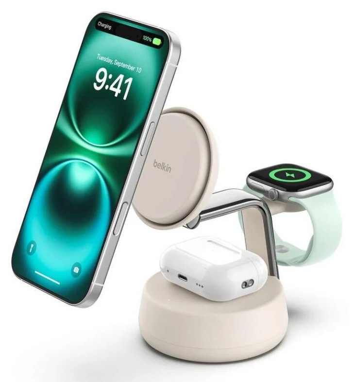 Chargeur sans fil Belkin WIZ040KQSD UltraCharge Pro 3-en-1 QI2 25W blanc sable
