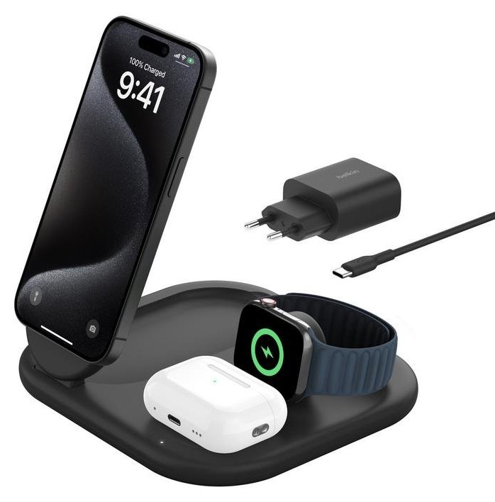 Chargeur Belkin BoostCharge WIZ029VFBK 3-en-1 QI2 magnétique pliable 15 W Noir
