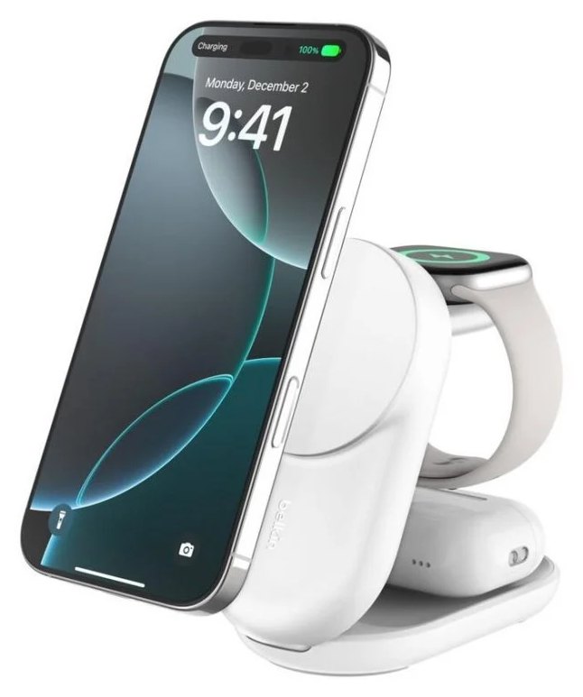 Chargeur sans fil Belkin WIZ037KQWH QI2 UltraCharge 3-en-1 25W blanc pliable