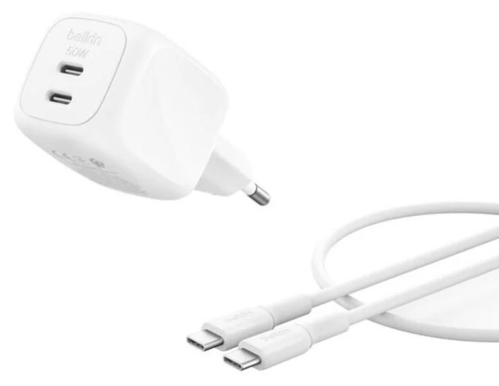 Chargeur Belkin WCH019KQ1MWH-B6 GaN 50 W 2X USB-C Blanc avec câble 1 m