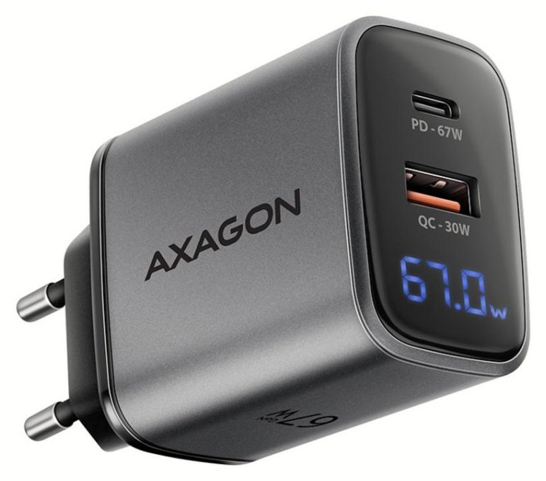 Chargeur Axagon ACU-PQ67D 67W USB-C et USB-A GaN Noir/Gris