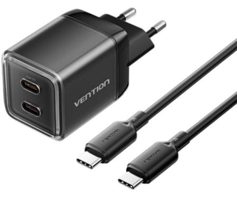 Chargeur Mur GaN Vention 2XUSB-C 45W + Cable USB-C 1M Noir