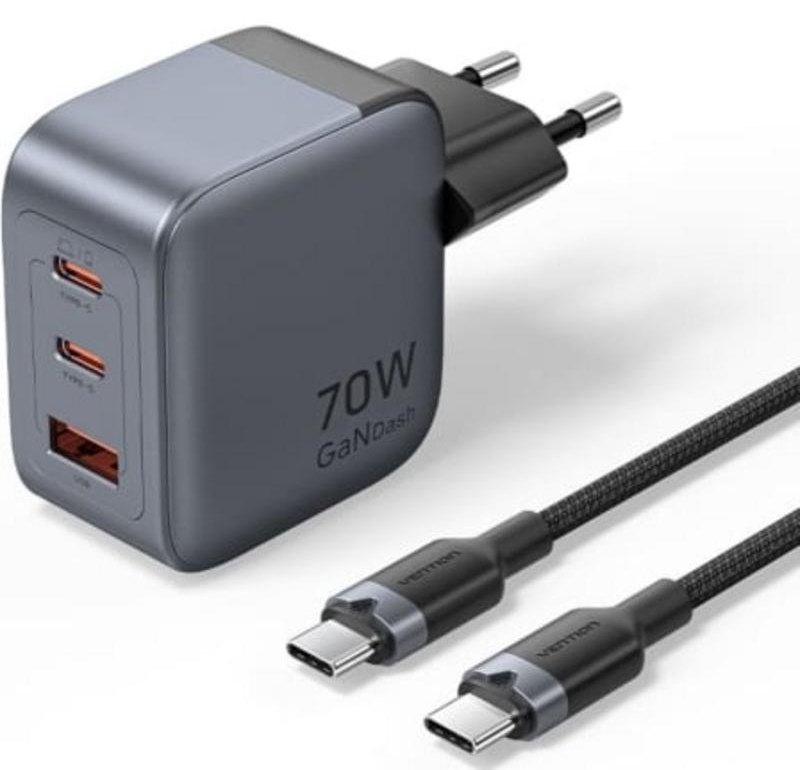 Chargeur mural GaN Vention TZ-FEX-EU 3 ports USB-C et USB-A 70W