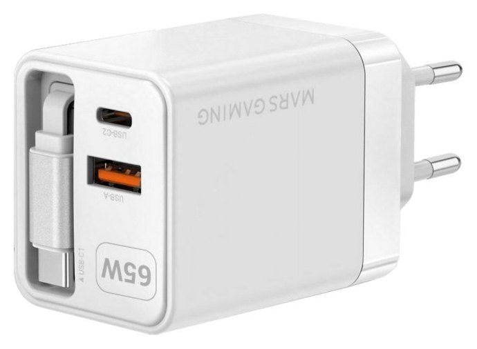 Chargeur Mars Gaming MD-GAN65R USB-C GaN 65W câble rétractable blanc