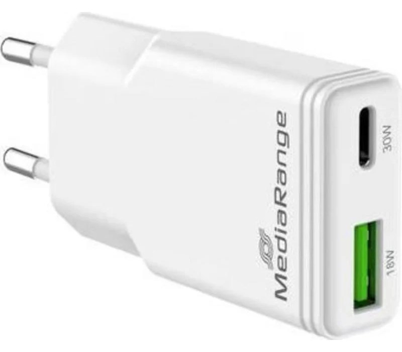 Chargeur MediaRange 30W GaN USB-C et USB-A 2 Ports Blanc