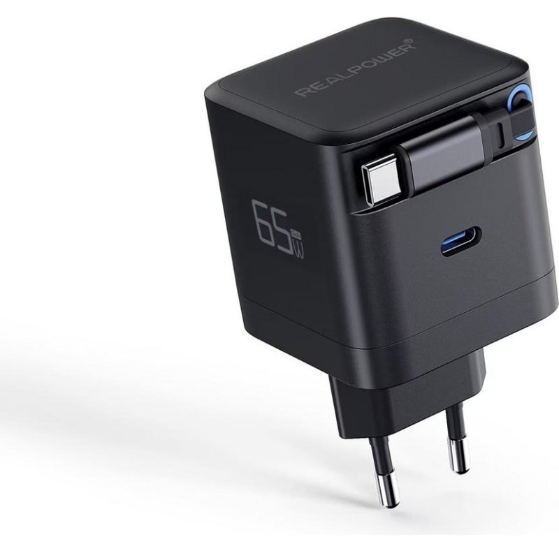 Chargeur USB-C 65W RealPower GaN 2 Ports Noir