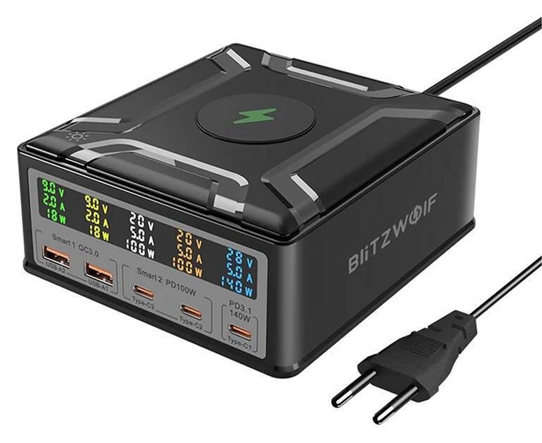 Chargeur BlitzWolf BW-S28 260W GaN 5 Ports USB-C et USB-A Charge Sans Fil 15W Noir