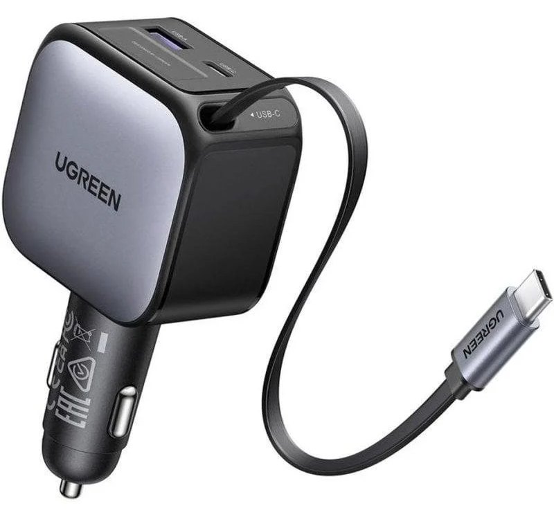 Chargeur Voiture 90W Ugreen avec Câble USB-C Rétractable 70 cm, 3 Ports PD 3.0 QC 3.0