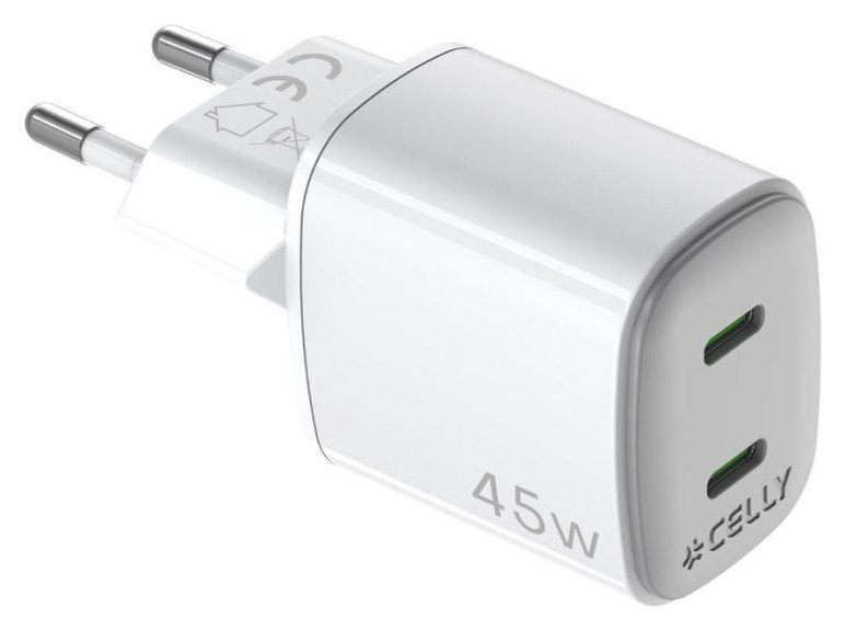 Chargeur USB-C Celly UPTC2USBC45WWH 45W GaN 2 Ports Blanc