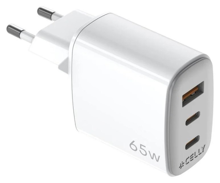 Chargeur mural Celly UPTC 65W 2 ports USB-C et 1 USB-A GaN Blanc