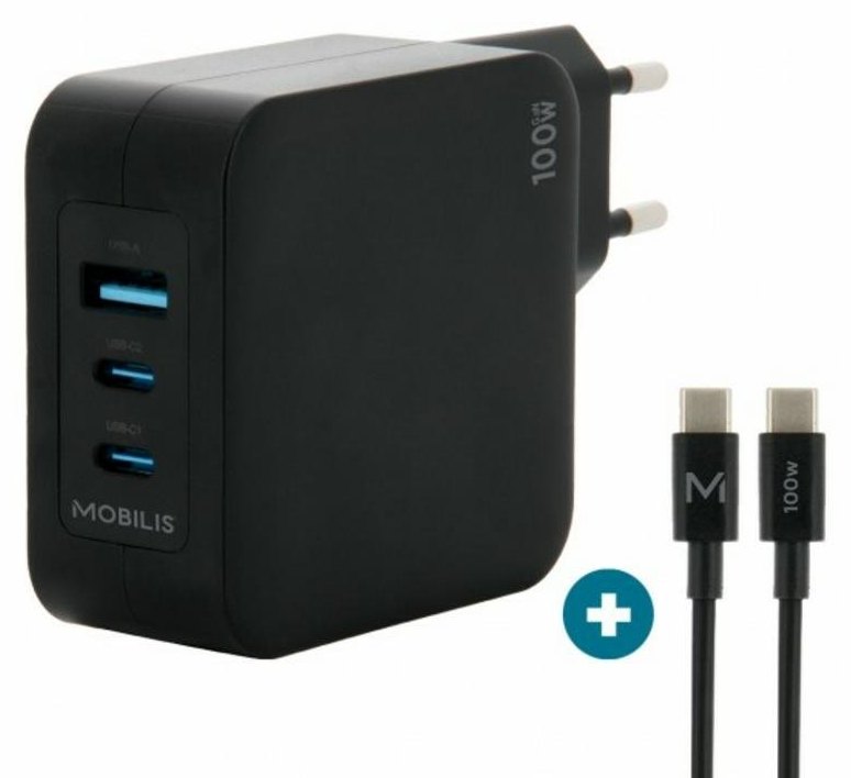 Cargador 100W Mobilis 2USB-C 1USB-A GaN Noir