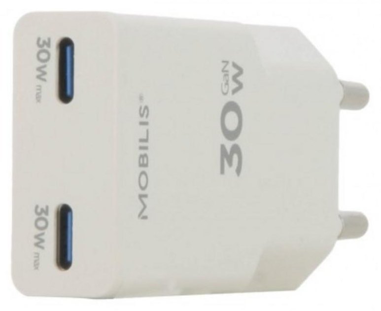Chargeur USB-C 2 Ports 30W GaN Rapide Mobilis 020026 Blanc
