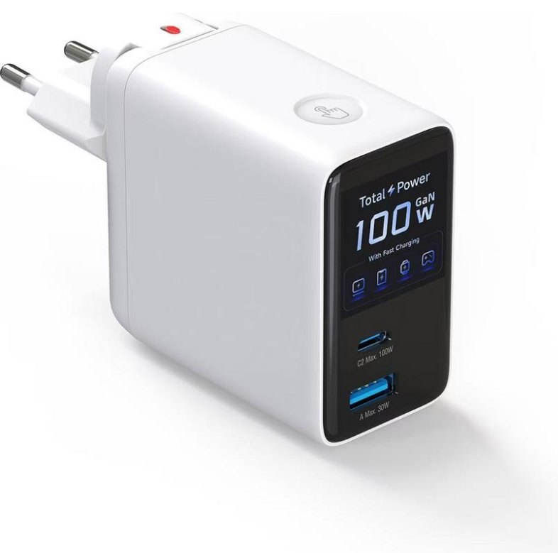 Chargeur GaN 4SMARTS 100W Flex Screen AI Blanc 3 Ports USB-A et USB-C