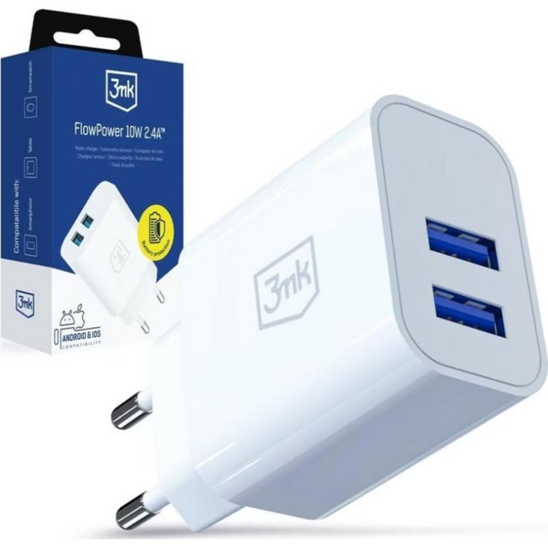 Chargeur USB 3MK FlowPower 10W 2 Ports USB-A Blanc