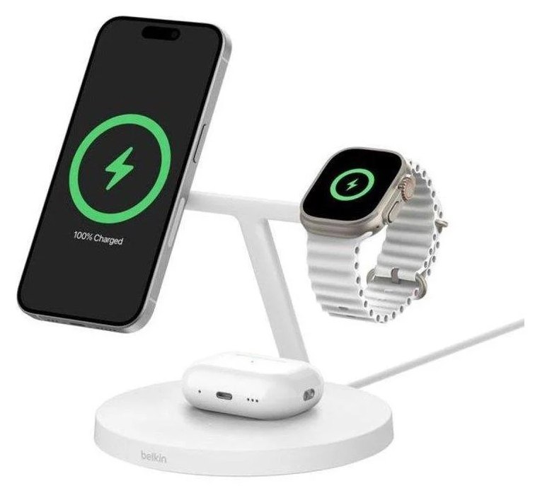 Station de charge Belkin BoostCharge 3 en 1 QI2 MagSafe Blanche