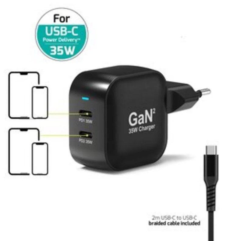 Chargeur USB-C 35W GaN Power Delivery 2 ports Port Designs 902035PEU Noir