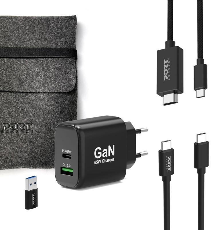 Cargador Port Designs 65W GaN USB-C et USB-A, Noir