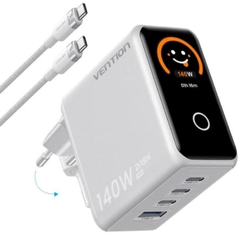 Cargador mural GaN Vention 140W 3 USB-C + USB-A écran LED