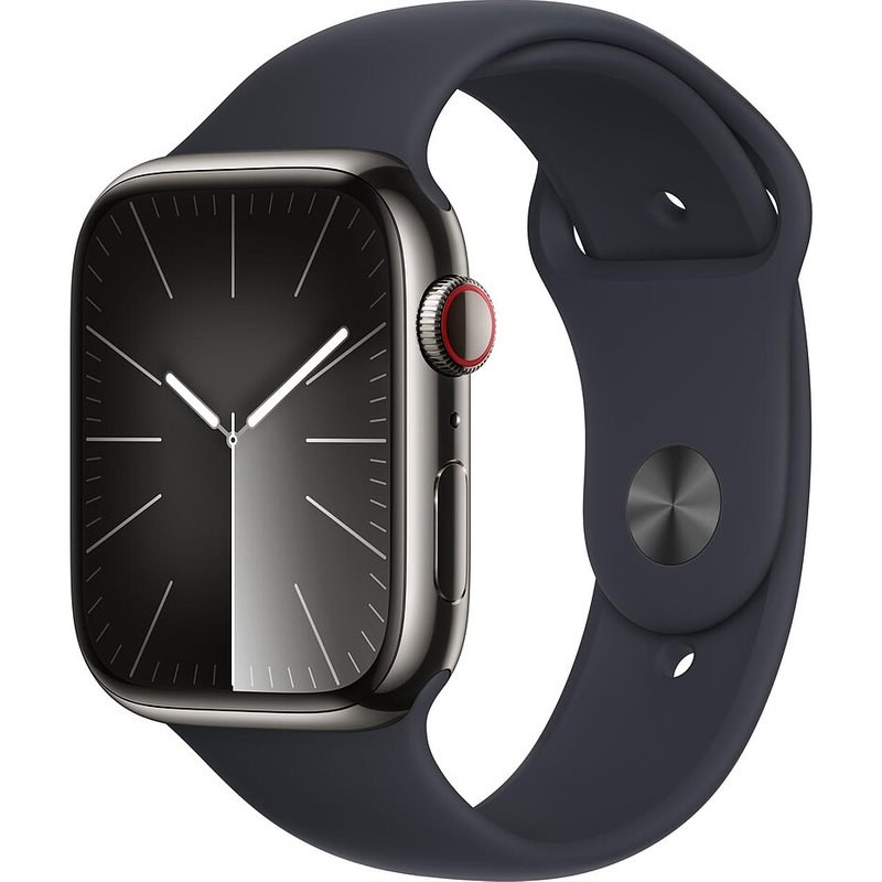 Apple Watch Series 9 GPS + Cellular Acier Inoxydable Graphite Bracelet Sport Band Minuit S/M 45 mm