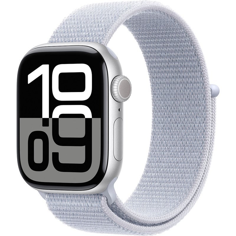 Apple Watch Series 10 GPS + Cellular 42 mm Aluminium Argent Bracelet Sport Textile Nuée Bleue