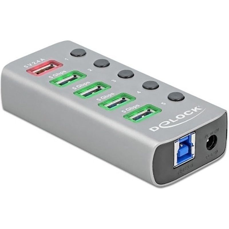 DeLock Hub USB 3.0 à 6 ports avec 1 port USB-A dédié à la charge (5V 2.4A) et 1 port USB-C PD 3.0