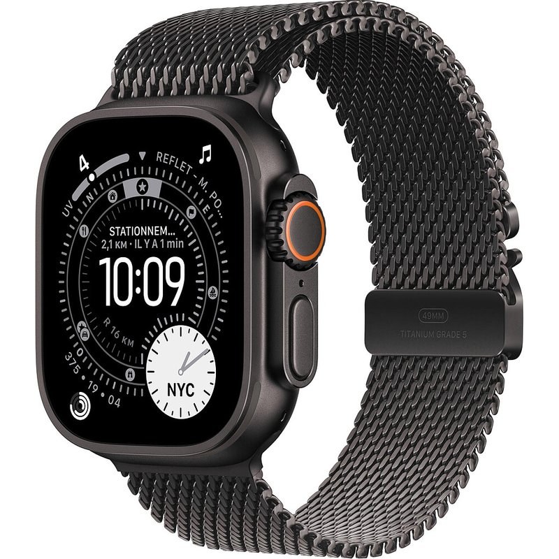 Apple Watch Ultra 3 GPS + Cellular 49 mm Titane Noir Bracelet Milanais en Titane Noir M