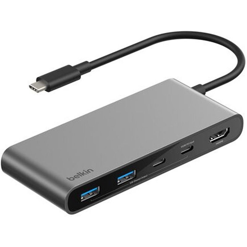 Belkin Hub USB-C avec 1 x HDMI 4K, 2X USB-C, 2X USB-A et Carte SD et 100W Passthrough (Gris)