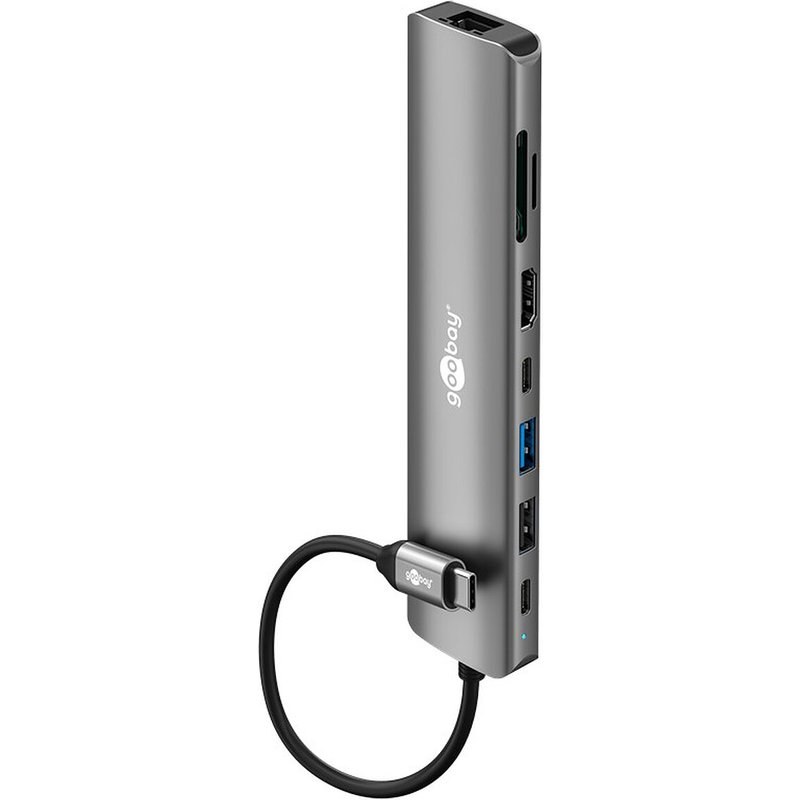 Goobay Hub Slim USB-C vers 1X HDMI 1.4, 2X USB-C 3.0, 1X USB-A 3.0, 1X USB-A 2.0, 1X RJ45, 1X SD et 1 microSD - PD 100W